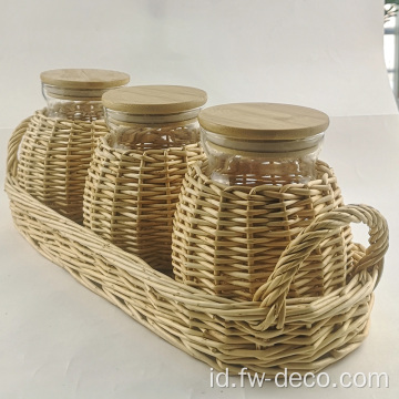 Jar kaca dekorasi anyaman dengan tutup bambu